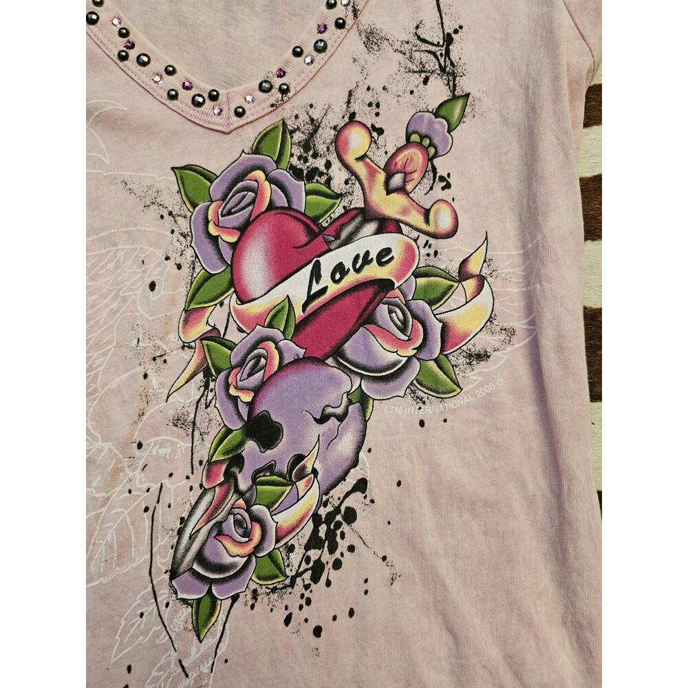 Vintage Bejeweled Y2K Body Con T-shirt Dress Ed Hardy Style Sz M - Picture 4 of 6